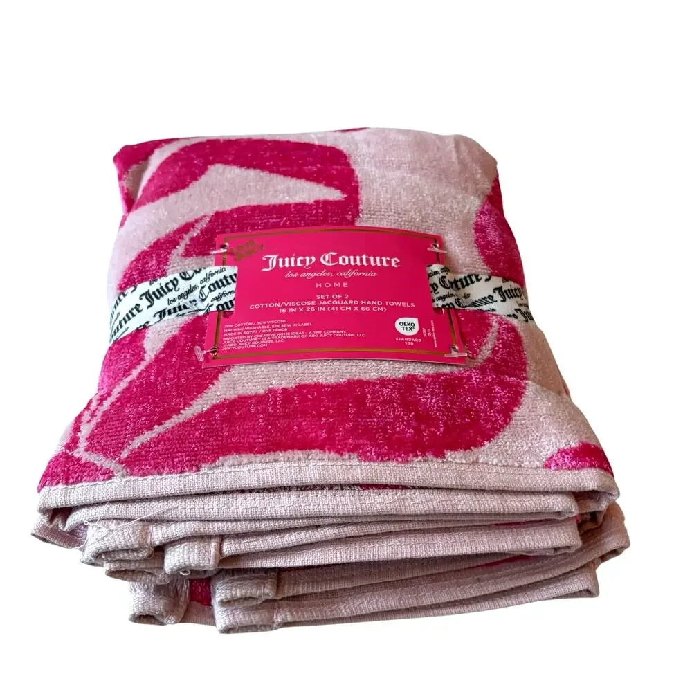 Juicy Couture Pink Bows Hearts Towel Set- 2 Hand & 2 Bath Towels Cotton NEW